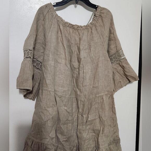 Terzo Millenio Made in Italy 100% Linen tiered mini sundress off shoulder M - Picture 2 of 6